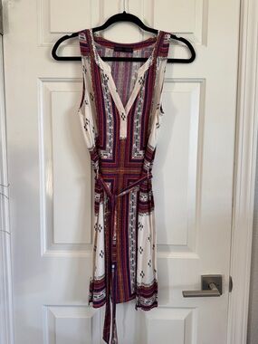 Sanctuary Off White Dress Belted with Dark Pink, Orange & Purple Geometric Print